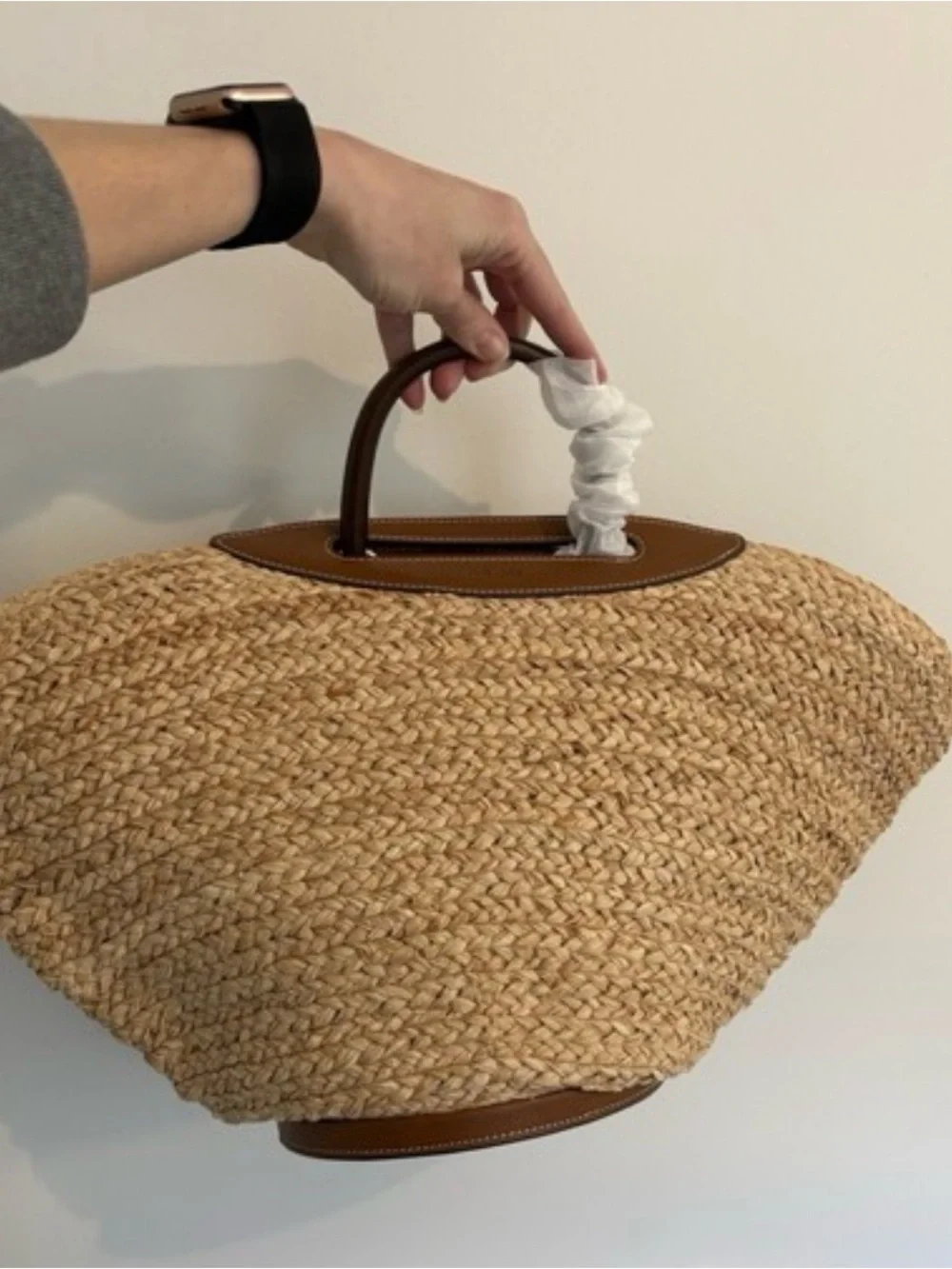 Cult Gaia Woven Straw Tote Bag with Brown Leather Trim - Picture 5 of 6
